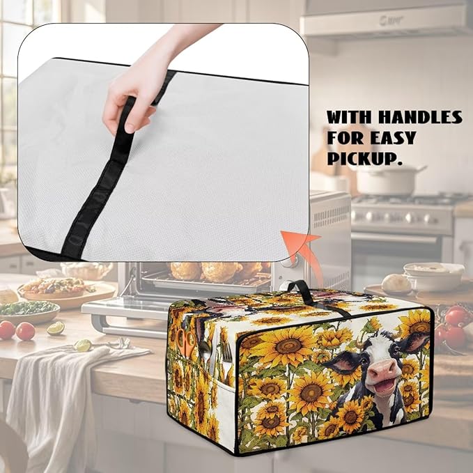 Countertop Convection Oven Cover Dust Protection Air Fryer Toaster Oven Covers with Side Pockets, for Home Kitchen Decor, L, 18.5 x 22.5 x 13 Inches, Cute Cow Sunflower