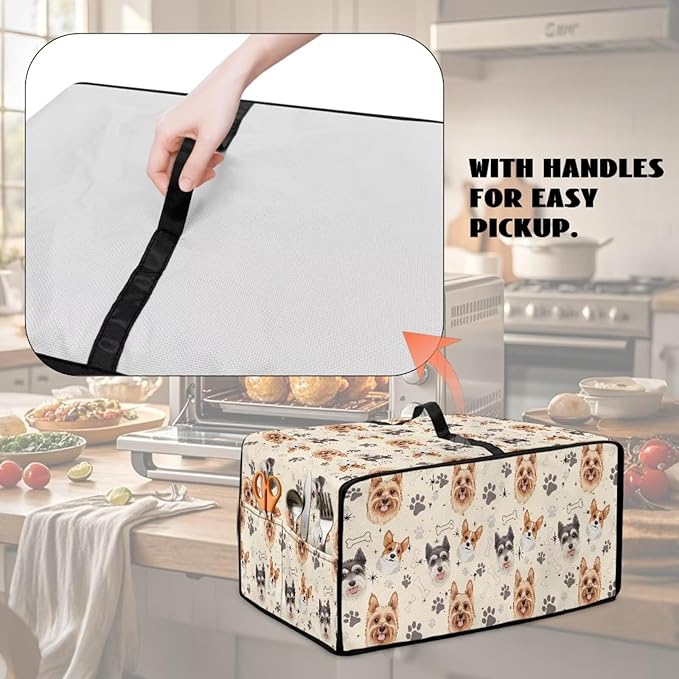 Air Fryer Toaster Oven Dust Cover Washable Fabric Convection Oven Protector with Storage Pockets, L, Yorkshire Terrier Schnauzer Dog Bone Paw Beige Puppy Pattern