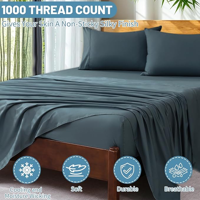 Extra Deep Pocket Queen Sheets 18-24 Inch 100% Egyptian Cotton 1000 Thread Count Sateen Weave Soft Breathable 4 Pieces（Queen,Lake Blue）