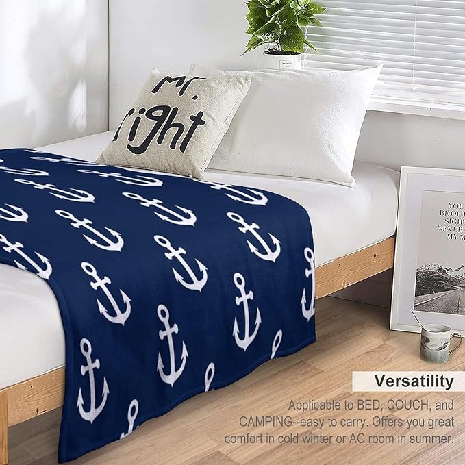 Anchor Blanket Vintage Rustic Ocean Nautical Style Navy Blue White Soft Cozy Lightweight Throw Blanket for Kids Girls Boys Women Men Bedroom Living Room Dorm Chair Sofa Travel 40x50in