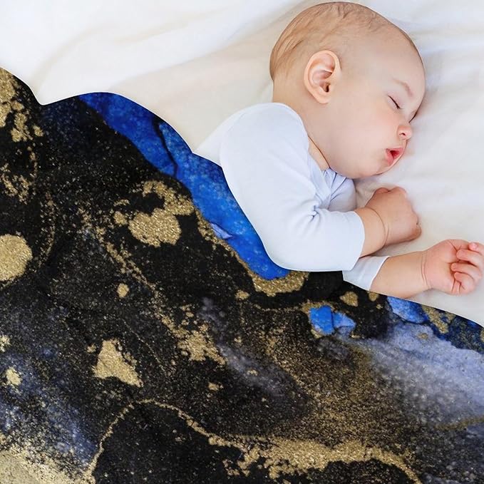 Modern Marble Blanket, Abstract Luxury Baroque Golden Dark Blue Stone Veins Pattern Soft Warm Cozy Plush Flannel Covers for Livingroom Bedroom Couch Chair Camping Travel Home Decor Tapestry 40x50in
