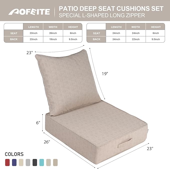 Outdoor Olefin Water-Resistant Deep Seat Cushion Set, 23''x 26''x6'' Weather and Fade Resistant Patio Furniture Seat Cushion, Thickened Sofa Chair Pad with Straps for Lawn, Garden, Light Beige