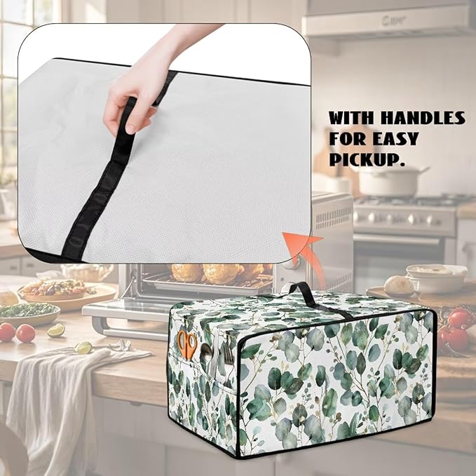 Toaster Oven Cover with Side Pockets, Dustproof Smart Microwave Convection Oven Cover with Handle, for Kitchen Decor, S, 14.5 x 18.5 x 9 Inches, Eucalyptus Leaves Green White