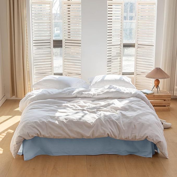 BISELINA French Linen Bed Skirt with Pleated Corner 22-Inch Tailored Drop Natural Flax Cotton Blend Basic Dust Ruffle Soft Cozy Farmhouse Bedding (22" King, Basic Dusty Blue)