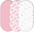 Bassinet Sheets for Baby Girl 32 * 16, 3 Pack Soft Breathable Baby Bassinet Mattress Sheets Fit for Hourglass Oval Cradle, Moses Basket Rectangle Mattress (Rainbow, Pink)