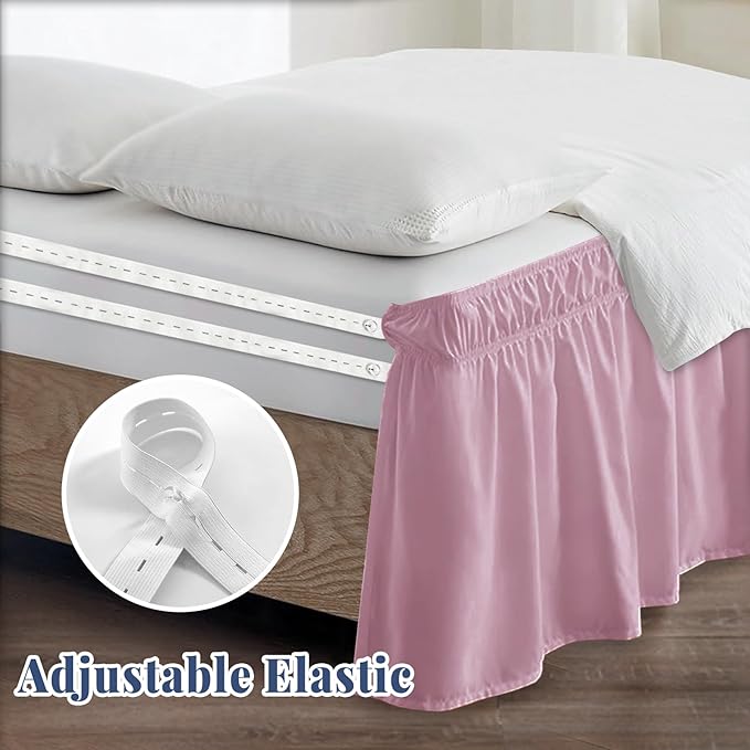 Twin Bed Skirt, Elastic Wrap Around Bed Skirt Twin Size, Bed Skirts for Adjustable Bed, Easy Fit with 18" Drop Length Tailored Drop Dust Ruffle (Pink)