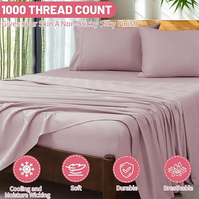 Extra Deep Pocket Queen Sheets 18-24 Inch 100% Egyptian Cotton 1000 Thread Count Sateen Weave Soft Breathable 4 Pieces（Queen,Light Pink）