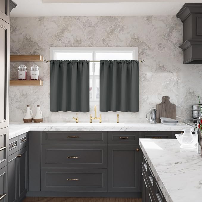 BGment Short Blackout Curtains 30 Inches Length for Window - Small Half Window Drapes with Rod Pocket Privacy for Kitchen Cafe Bathroom, Dark Grey, 2 Panels, 34 x 30 Inch