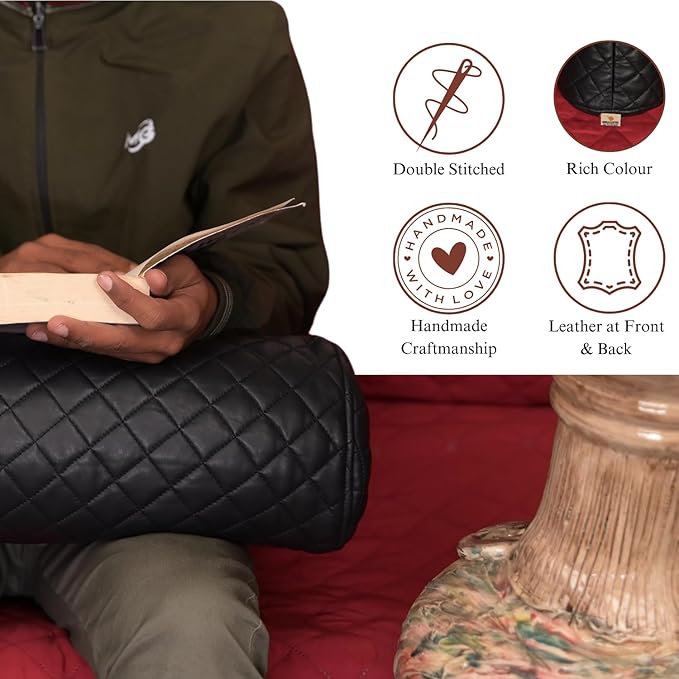Neck Roll Pillow Cushion Cover, 20x7 Inch Full Moon Round Bolster Pillow Case, Cylinder Soft Lambskin Leather Pillowcase for Head, Spine & Neck Support During Sleep - Quilted Black Pack of 1