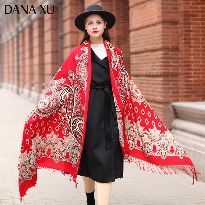 DANA XU 100% Merino Wool Extra Large Pashmina Blanket Travel Scarf Cashmere Wrap for Women Fall Winter Oversize Shawl Floral