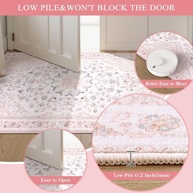 Moynesa Pink Runner Rugs for Long Hallway 2.5x8, Vintage Washable Floral Print Runner for Nursery Decor, Rubber Backing Non Slip Carpets for Kitchen Entryway Bathroom Bedroom