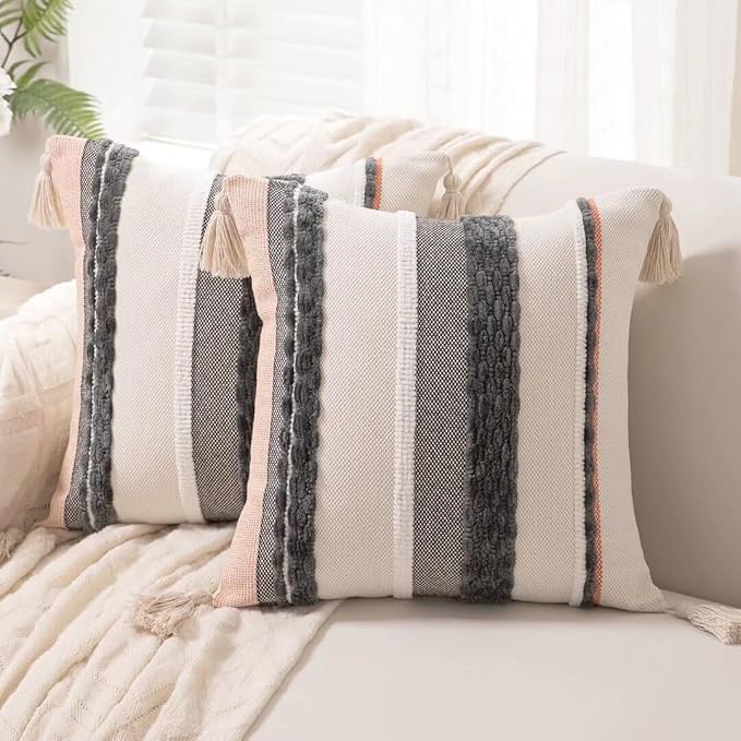 Boho Throw Pillow Covers 18x18 Set of 2 Woven Tufted Farmhouse Pillows Cover with Tassels Textured Striped Cushion Case Neutral Pillow Cases Decorative Pillowcase for Sofa Couch,Dark Grey