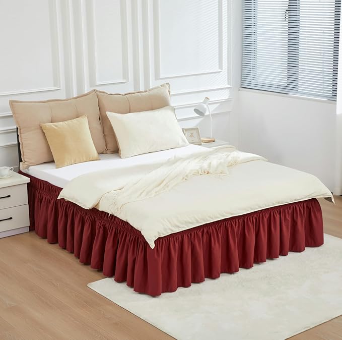RIMELA Wine Red Bed Skirt Queen Size 15 Inch Drop, Elastic Bed Skirting for Bed Base and Frame, Bedding Dust Ruffle Easy to Install,Wrap Around Adjustable Bedskirt,Christmas Bedroom Decor