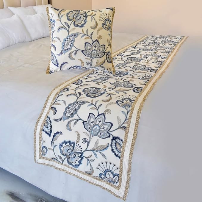 The HomeCentric King/Queen/Twin Blue Designer Full 68"x18" Bed Runner with 2 Pillow Cover, Floral, Embroidered, Jute Lace & Lace Bed Scarf on Cotton Fabric - Morning Glories
