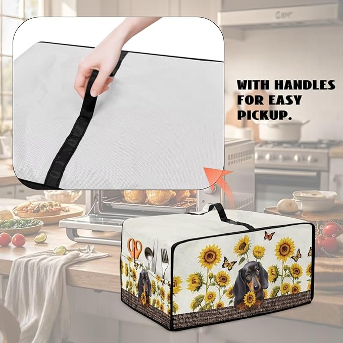 Dachshund Dog Sunflower Butterfly Print Microwave Oven Dust Cover Dustproof Microwave Toaster Oven Cover Polyester-Linen Fabric Kitchen Machine Covers for Toaster Oven Air Fryer, M