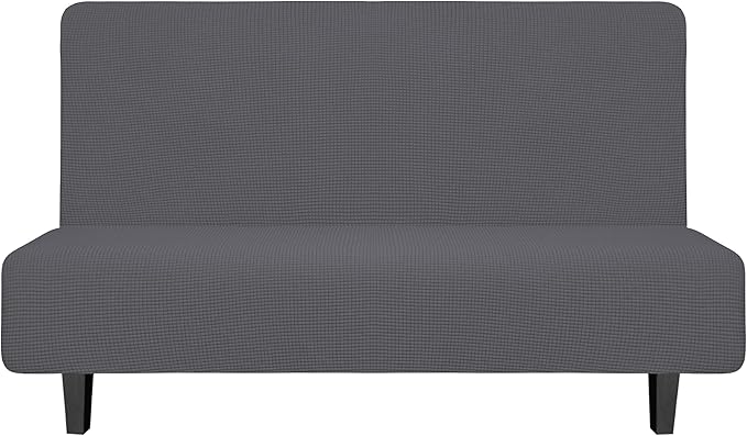 Easy-Going Stretch Futon Slipcover Armless Futon Bed Cover Furniture Protector Without Armrests with Elastic Bottom for Kids, Soft Jacquard Fabric Small Checks (Medium, Grey)