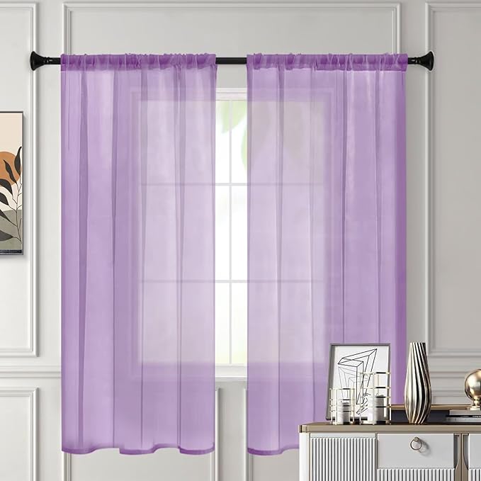 Sheer Curtains 84 Inches Long 2 Panels, Rod Pocket Short Curtain for Kitchen, Bedroom, Cafe Window(Lavender 38" W x 84" L)