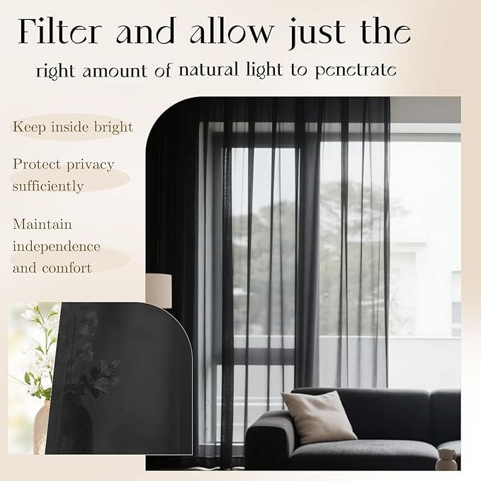 Dreaming Casa Black Sheer Curtains 96 Inches Long, Rod Pocket & Back Tab Light Filtering Textured Sheers for Living Room Bedroom, 2 Panels, Each 100" W x 96" L