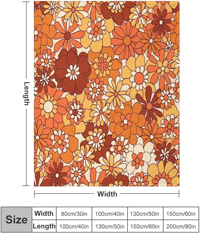 Vintage 70s Throw Blanket, Boho Hippie Bright Orange Flowers Groovy Abstract Funny Art Print Blanket for Couch Sofa Bed 50"x60"