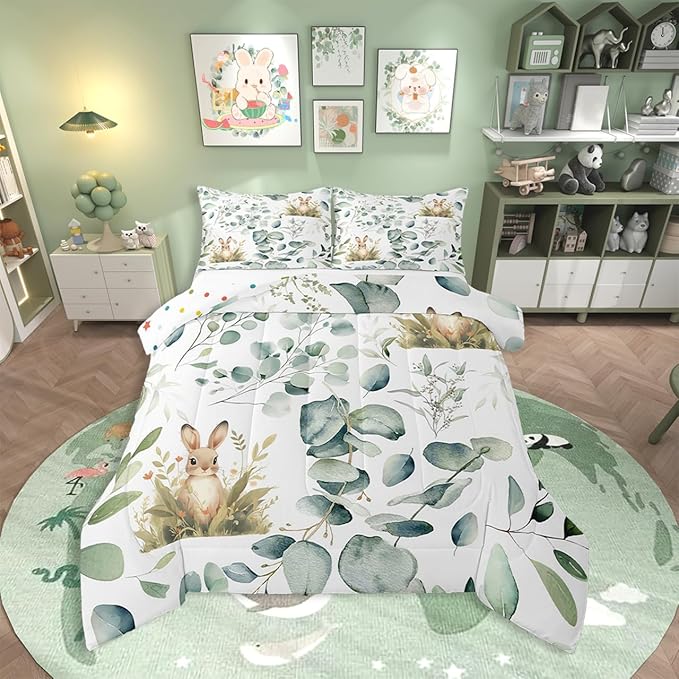 Erosebridal Girls Kawaii Animal Bedding King Size Cute Rabbit Comforter Set King, Cartoon Wildlife Duvet Insert Green Leaf Quilt Set, Spring Plant Bedding Comforters & Sets Child Kids Bedroom Decor