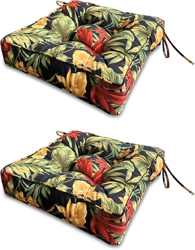ARTPLAN Outdoor Seat Cushions Cearance for Wcker Chairs,19"x19" Set of 2 Patio Square Chair Cushions for Outdoor Furniture,with Ties 5" Extra Thick，Black Floral