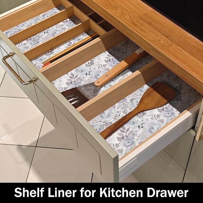 Blue Floral Shelf and Drawer Liner for Kitchen,12IN x 20FT Non-Adhesive and Strong Non-Slip Peony Cabinet Drawer Liners for Kitchen Shelf, Waterproof Cupboard Liners,Easy to Clean