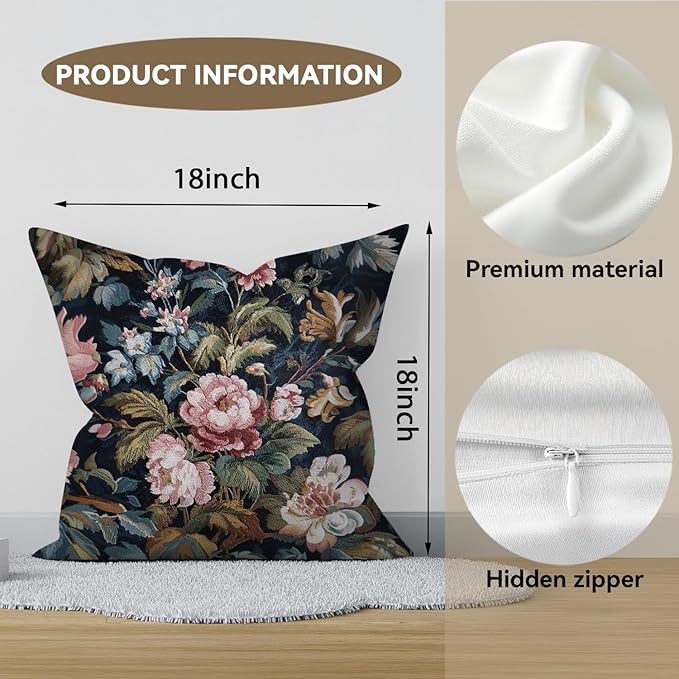 Vintage Floral Throw Pillow Covers, Vintage Flower Pattern Double Sided Cushion Cover, Indoor and Outdoor Home Art Decor Pillowcase for Sofa or Bedroom Decor 18x18inches (Pink Flower, 18x18inches)