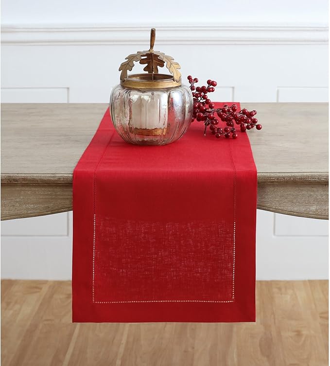 Solino Home Linen Red Table Runner 132 Inches Long - 100% Pure Linen Extra Long Table Runner 14 x 132 Inch for Christmas, Holiday, Winter, New Year - Classic Hemstitch