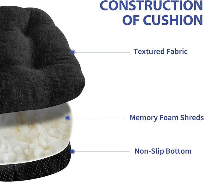 Chair Cushions for Dining Chairs Set of 4, Kitchen Chair Cushions, Chair Pads with Ties and Non Slip Backing, Tufted Memory Foam Seat Cushion 4 Pack, 18" x 18" x 4", Black