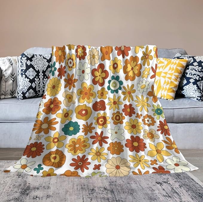 Vintage Hippie Floral Blanket, 70s Boho Abstract Yellow Orange Flowers Funny Print Throw Blanket for Holiday Theme Home Decor Bedding Couch 50"x60"