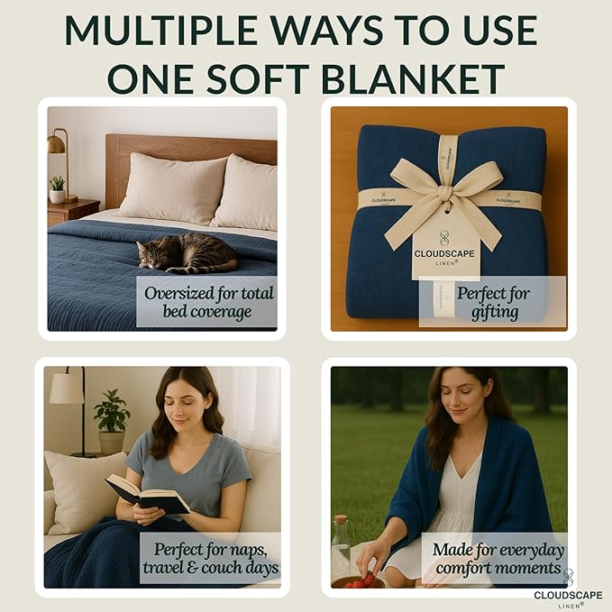 Cloud Scape Linen Oversized 4 Layer Muslin Blanket Queen Size - 100% Cotton, Lightweight & Breathable All Season Gauze, Pre-Washed, fits Full Bed, 92x92, Ensign Blue