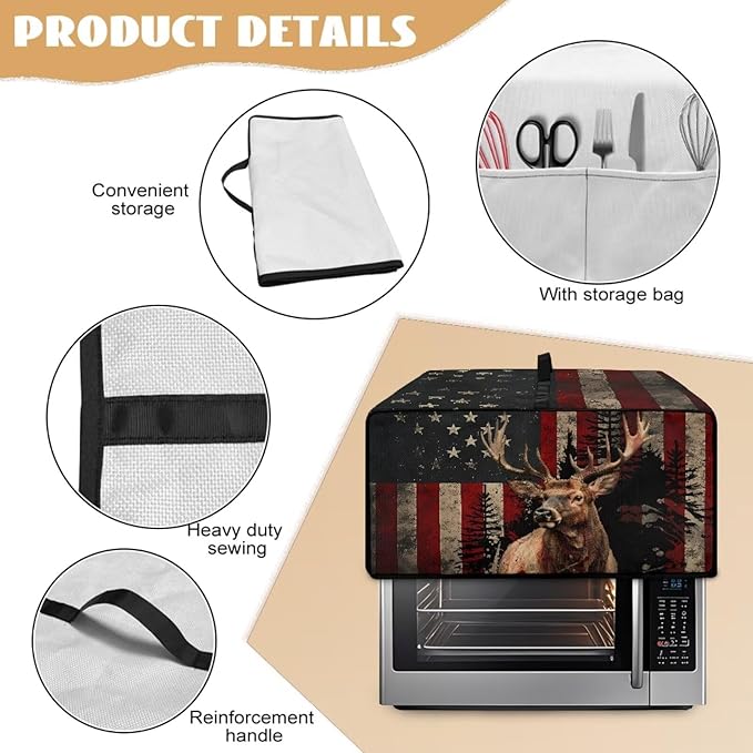 Vintage Deer Elk Print Microwave Oven Cover Waterproof Dust Cover for Microwave Oven American Flag Forest Print Universal Small Appliance Dust Covers Dirt and Fingerprint Protection, L