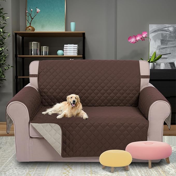U-NICE HOME Loveseat Sofa Cover Reversible Couch Cover for Dogs with Elastic Straps Water Resistant Furniture Protector for Pets Couch Cover for 2 Cushion Couch (Loveseat, Coffee/Beige)