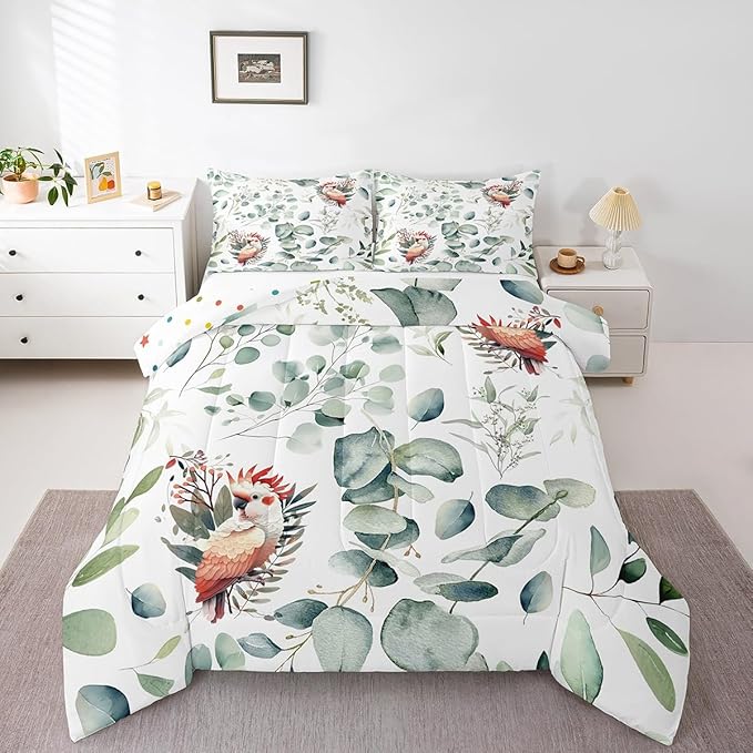 Erosebridal Cartoon Animal King Bedding Sets for Kids Toddler Kawaii Parrot Comforter Set, Wild Bird Duvet Insert Cute Wildlife Down Comforter, Botanical Green Eucalyptus Bedding Comforter Sets