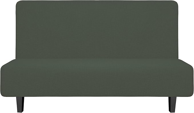 Easy-Going Stretch Futon Slipcover Armless Futon Bed Cover Furniture Protector Without Armrests with Elastic Bottom for Kids, Soft Jacquard Fabric Small Checks (Medium, Olive Green)