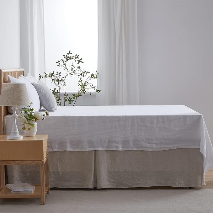 Simple&Opulence Belgian Linen Bed Skirt with Classic 22 inch Tailored Drop Dust Ruffle, Easy Fit Breathable Premium Natural Flax - Basic Linen, Queen
