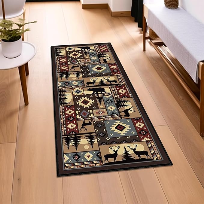Rustic Rug 2x4,Cabin Wildlife Buffalo Plaid Bear Moose Deer Country,Ultra-Thin Throw Carpet Washable Kitchen Rug Runner Vintage Entryway Floor Mat Non Slip Indoor Door Mat for Hallway,Bedroom,Bedside
