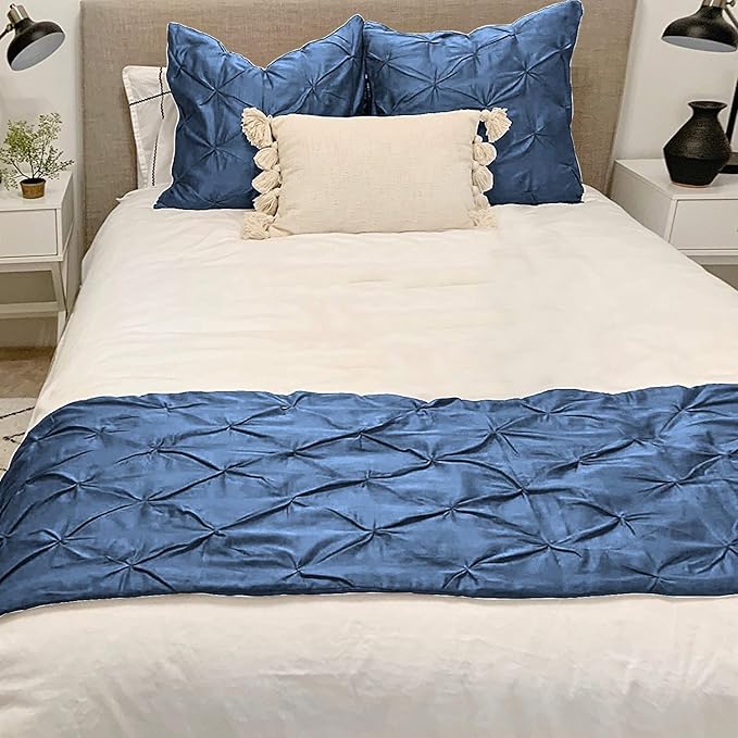 Bed Runner Set - 100% Pure Cotton 800 Thread Count - Luxury 1 Pinch Pleated Bed Runner and 2 Pillow Cover - 3 Piece Pinch Pleated Bed Runner Set California King, Medium Blue