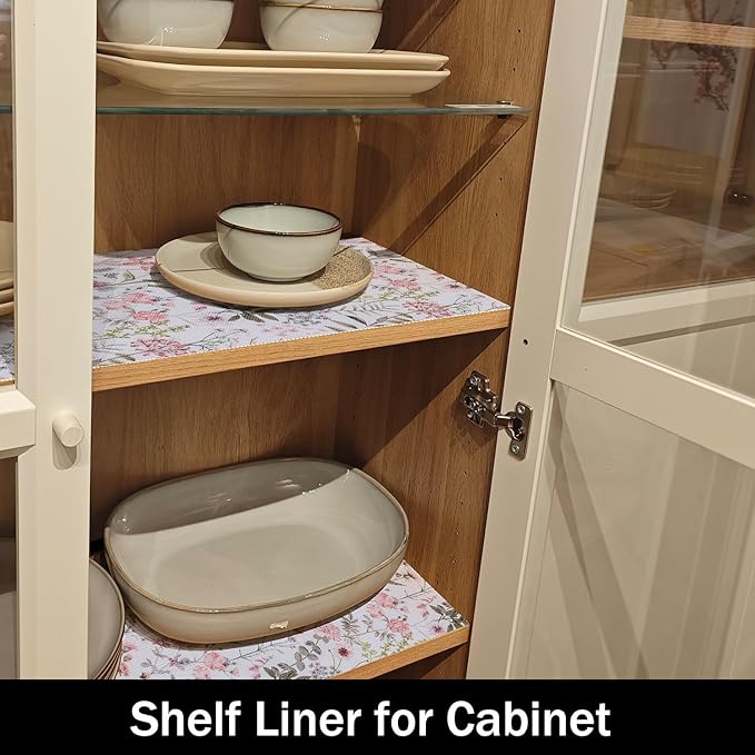 Leaf Floral Shelf Liners Non Adhesive and Strong Non-Slip Shelf and Drawer Liners for Kitchen Cabinet Wire Fridge, Waterproof Shelf Drawer Liner,Easy to Clean,12IN x 10FT
