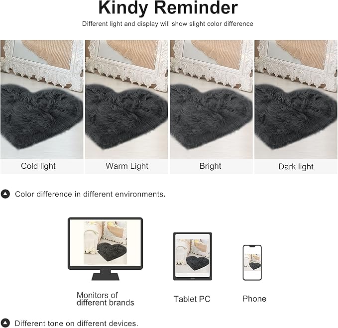 uxcell Heart Shaped Rugs for Bedroom,Small Aesthetic Carpet Girls,Cute Shaggy Floor Mirror Mat,Pastel Furry Throw Rug 2.3ftx3ft, Dark Gray