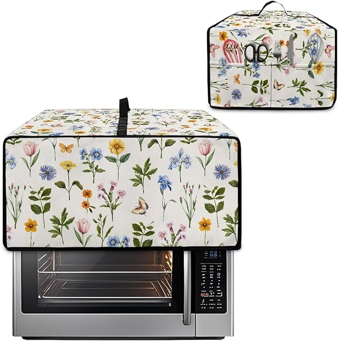 Toaster Oven Dust Cover with Side Pockets, Washable Convection Oven Cover Small Electric Appliance Protector for Kitchen Home Decor, S, Floral Butterfly Cream White