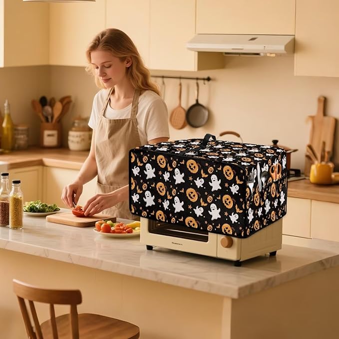 Halloween Toaster Oven Dust Cover Protective Microwave Oven Cover with Pockets Dust-proof Countertop Appliance Protector, Halloween Pumpkin Ghost Bat Star Print, M