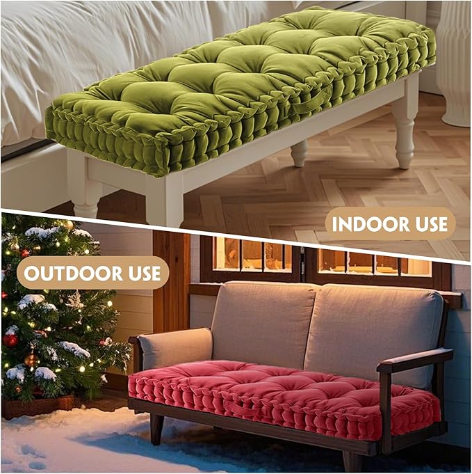 Custom Tufted Bench Cushion,Bench Seat Cushions, Velvet Window Seat Cushion with Anti-Slip Mat and Handle