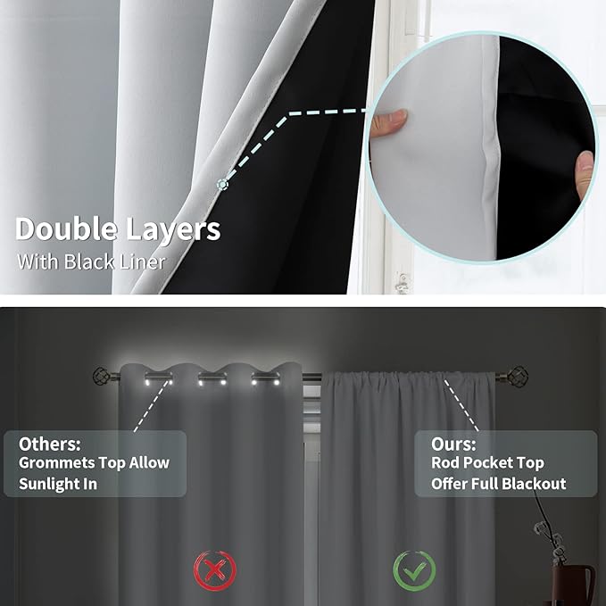 BGment Thermal Insulated 100% Blackout Curtains for Bedroom with Black Liner, Double Layer Full Room Darkening Noise Reducing Rod Pocket Curtain (42 x 72 Inch, Greyish White, 2 Panels)