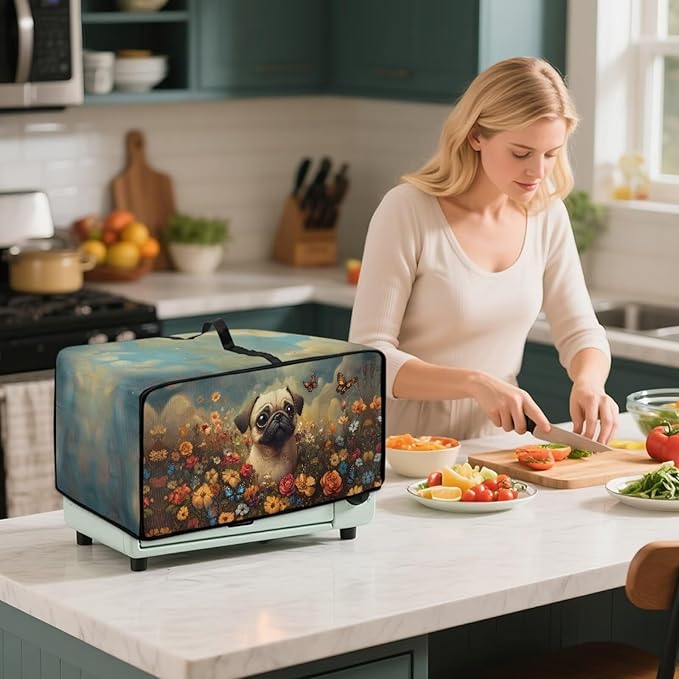 Cute Pug Dog Floral Butterfly Print Microwave Oven Dust Cover Dust Cover for Microwave Oven Universal Foldable Small Appliance Dust Covers Dirt and Fingerprint Protection, M