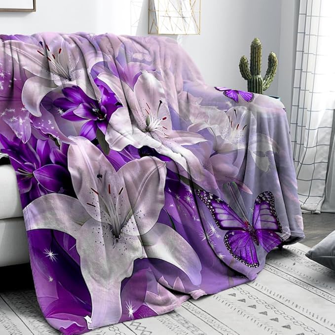 Purple Butterfly Flower Throw Blanekts Butterfly Blankets Soft Lightweight Cozy for Bed Couch Sofa Birthday Gifts Women Gifts for Her Anniversary Valentines Mothers Day Flower Gifts 60"x80"
