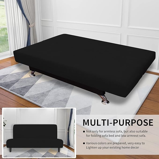Easy-Going Stretch Futon Slipcover Armless Futon Bed Cover Furniture Protector Without Armrests with Elastic Bottom for Kids, Soft Jacquard Fabric Small Checks (Large, Black)