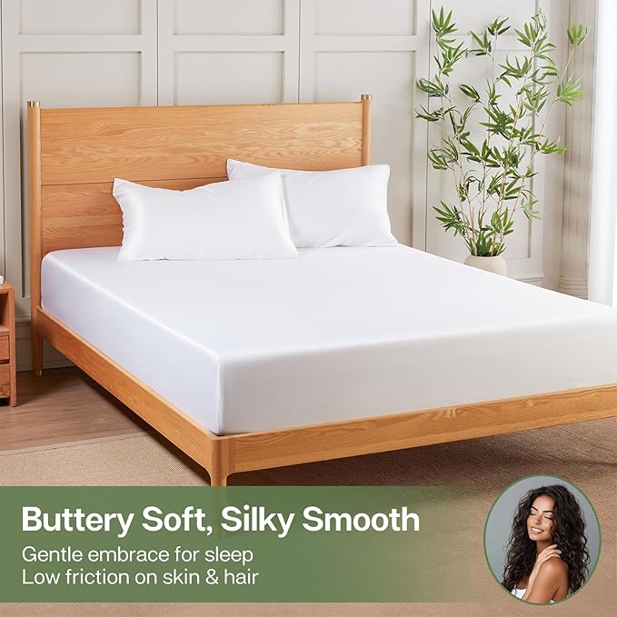 MR&HM California King Fitted Sheet, Ultra-Soft Rayon Derived from Bamboo & Polyester Blend, Silky & Breathable, 15" Deep Pocket with Elastic Straps, Cooling Fitted Sheet for Hot Sleepers, White
