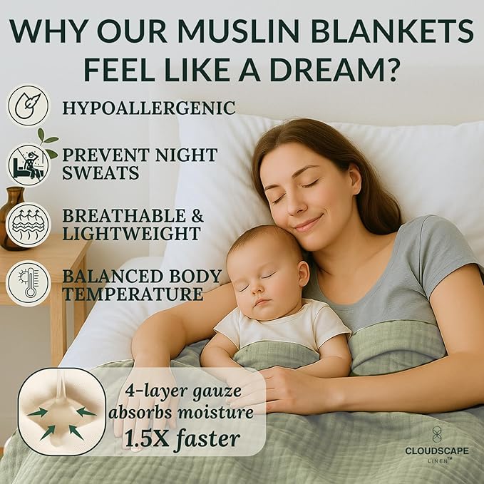 Cloud Scape Linen Oversized 4 Layer Muslin Blanket Queen Size - 100% Cotton, Lightweight & Breathable All Season Gauze, Pre-Washed, fits Full Bed, 92x92, Sage Green