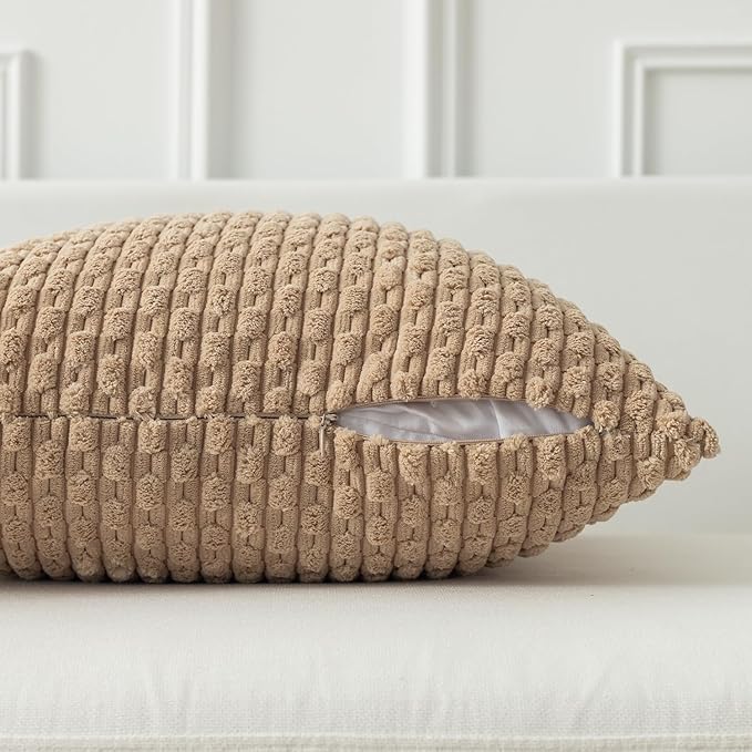 Kevin Textile 12x24 Inch Pillow Cover 1 Pack Boho Decorative Soft Striped Corduroy Lumbar Farmhouse Solid Color Accent Rectangle Cushion Case for Living Room Couch Sofa Bed, Tan